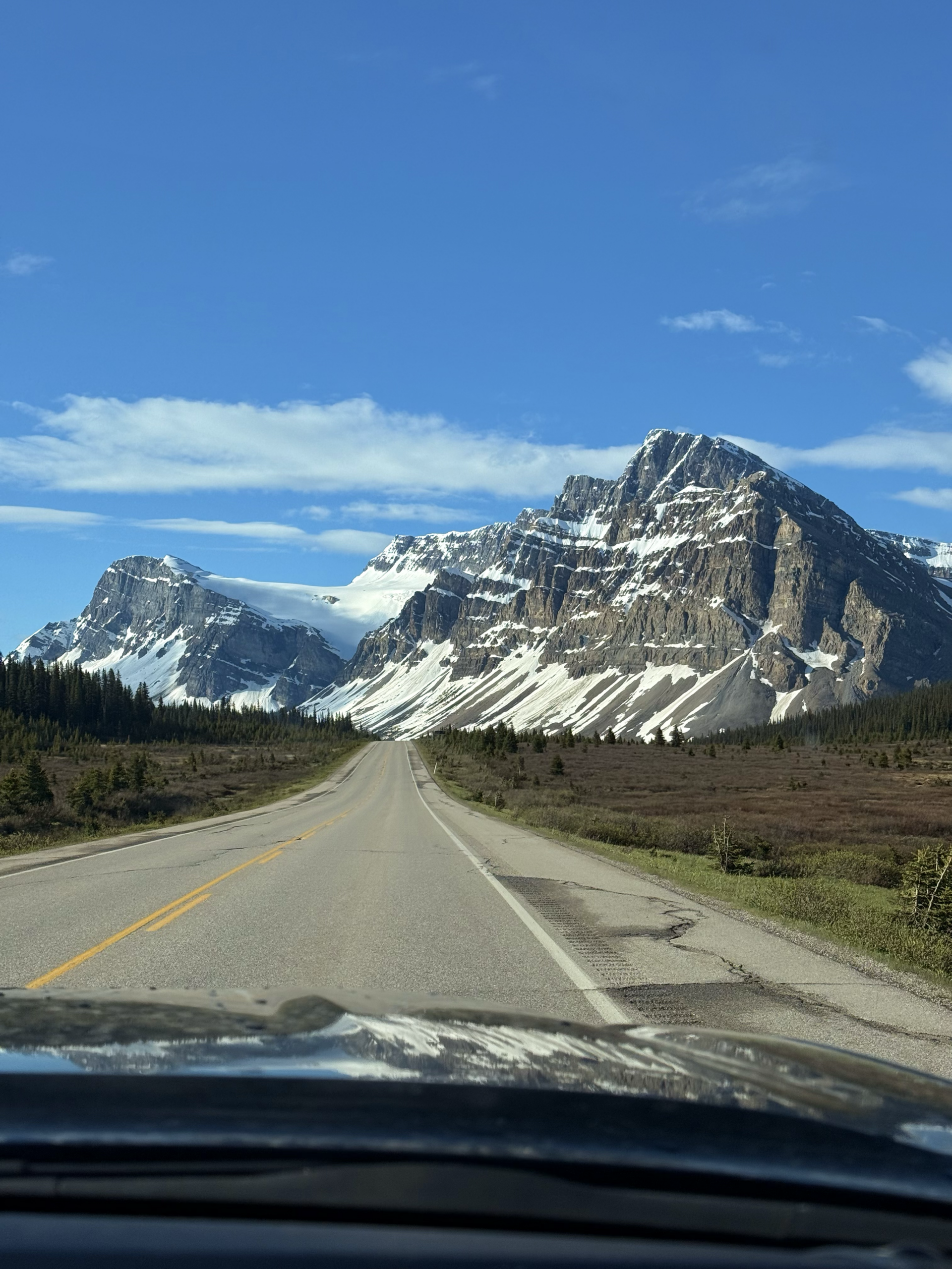road leading to snow-capped mountains under blue sky